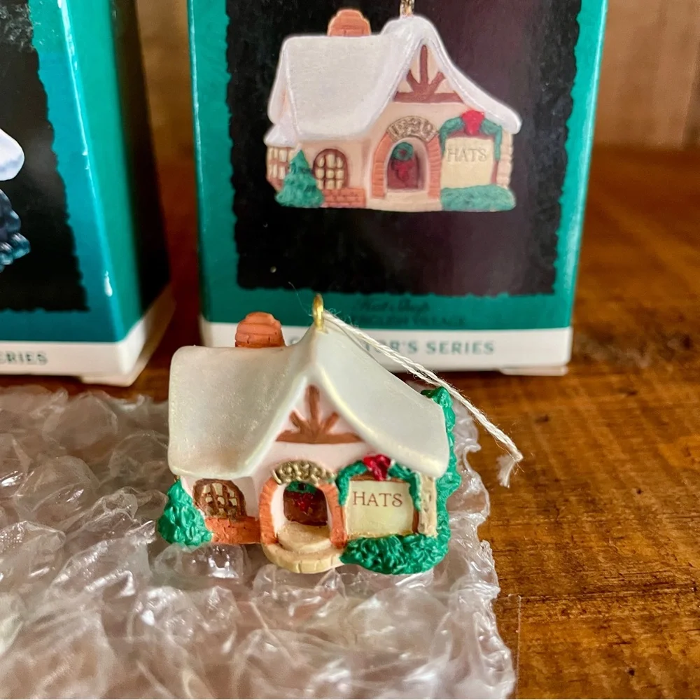 Hallmark Old English Village Ornament Bundle 1990's #10 Depot #7 Hats #6 Toys
